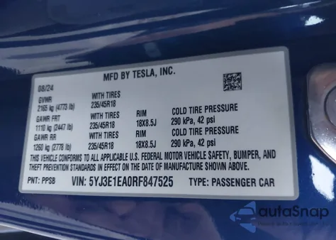 2024 Tesla Model 3 Long Range Dual Motor All-Wheel Drive/Rear-Wheel Drive z USA, uszkodzony, nr VIN 5YJ3E1EA0RF847525